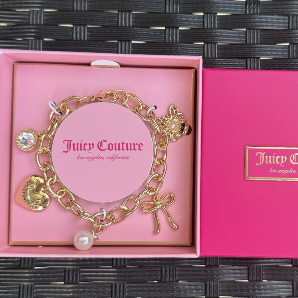 Juicy Couture Gold Charm Bracelet Heart Bow Bee Pearl Crystal NIB - Picture 8 of 8